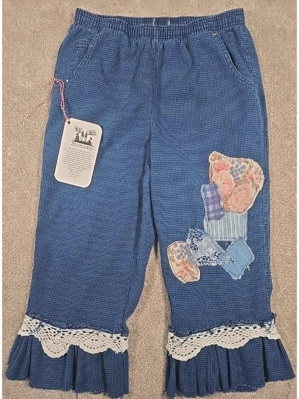 OOAK Upcycled Cropped Pants Lightweight Denim High Rise Ruffle Mid-Calf Women M